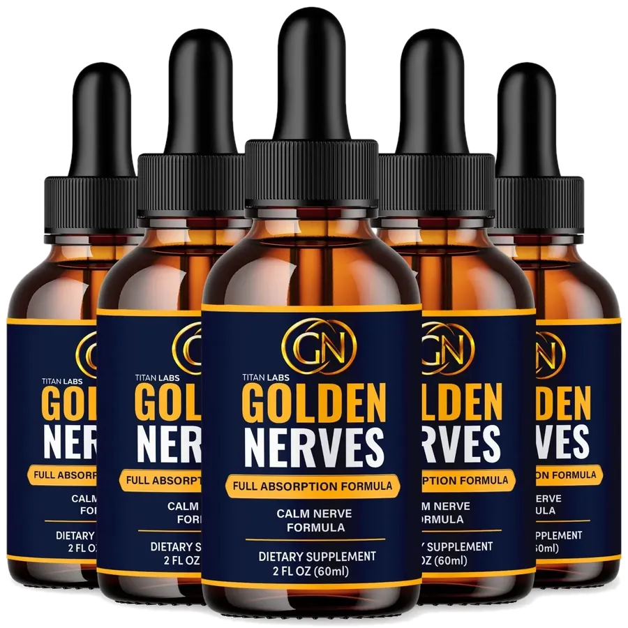 Five Golden Nerves dropper bottles lined up side by side