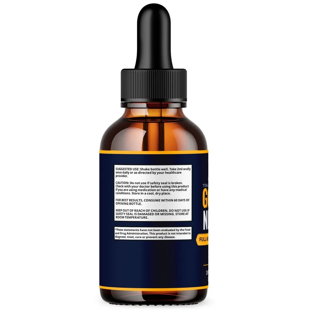 Side panel of the Golden Nerves bottle with suggested use, caution and FDA statement