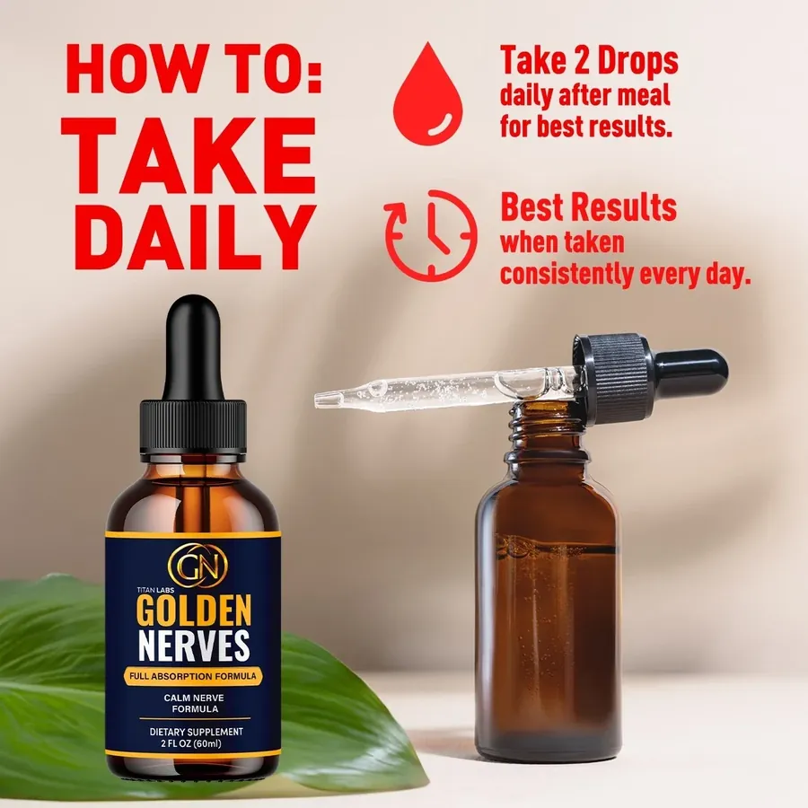 Golden Nerves bottle beside an open amber bottle with a glass dropper and a leaf