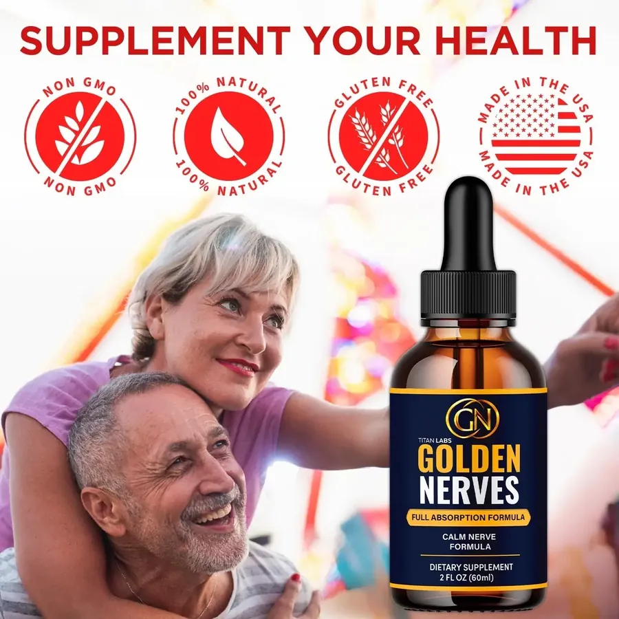 Smiling older couple outdoors beside a bottle of Golden Nerves, with Non GMO, 100% Natural, Gluten Free and Made in the USA seals